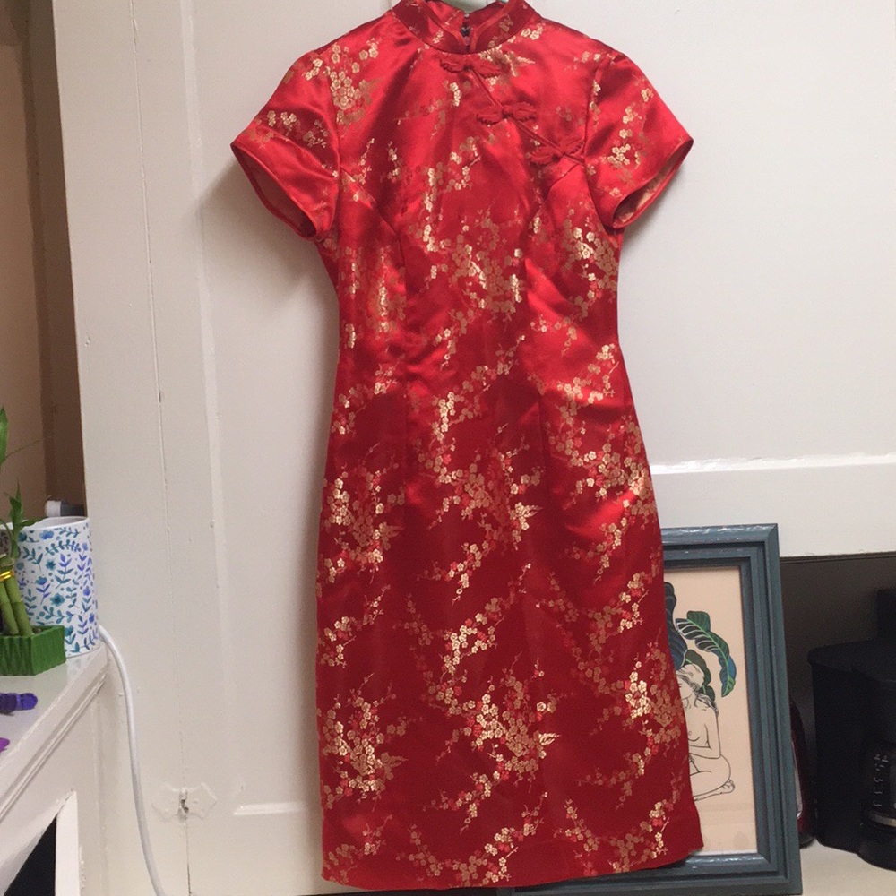 Red and Gold Floral silk dress